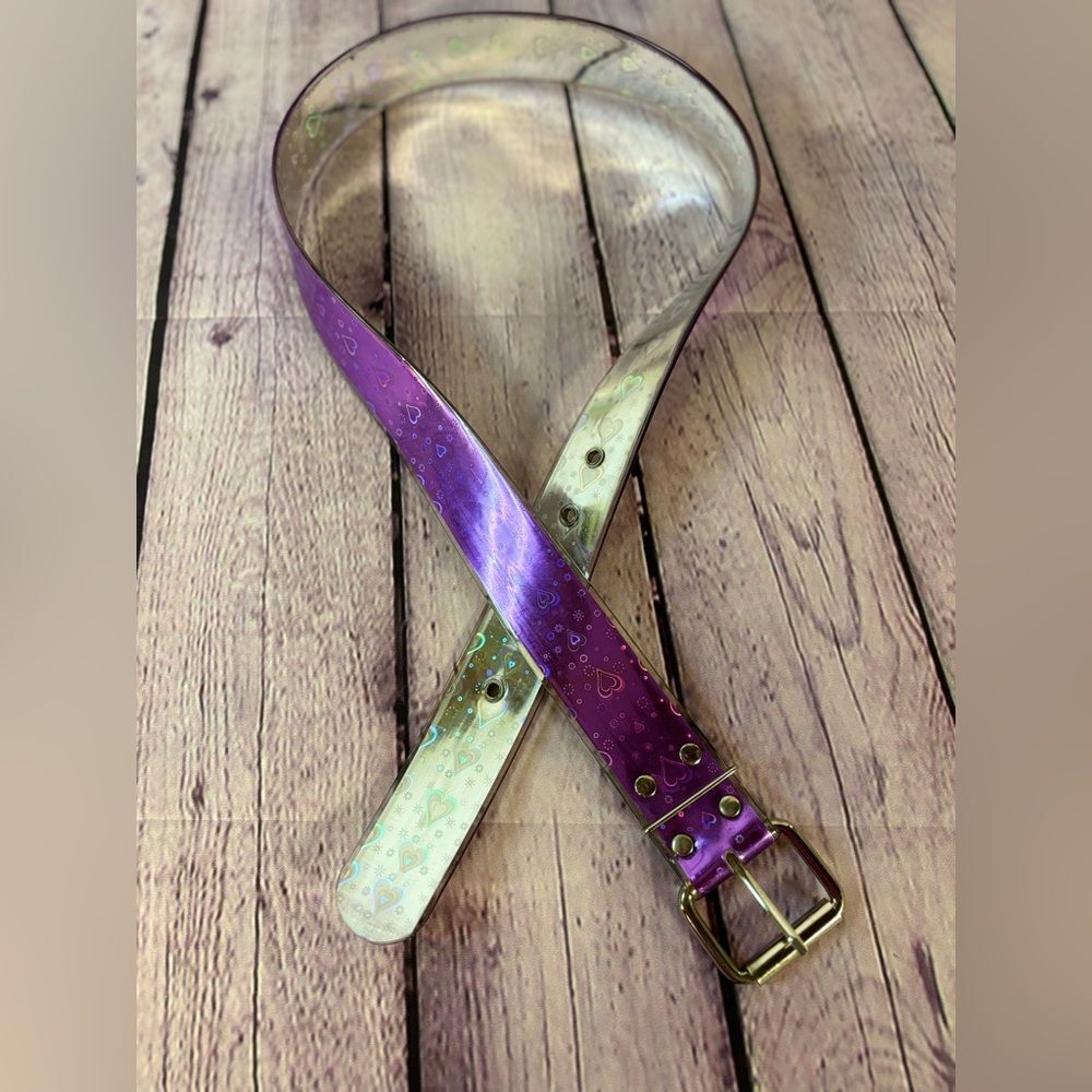 Iridescent Purple Silver Oil Slick Heart 90s Rave Club Plastic Wide Retro Belt